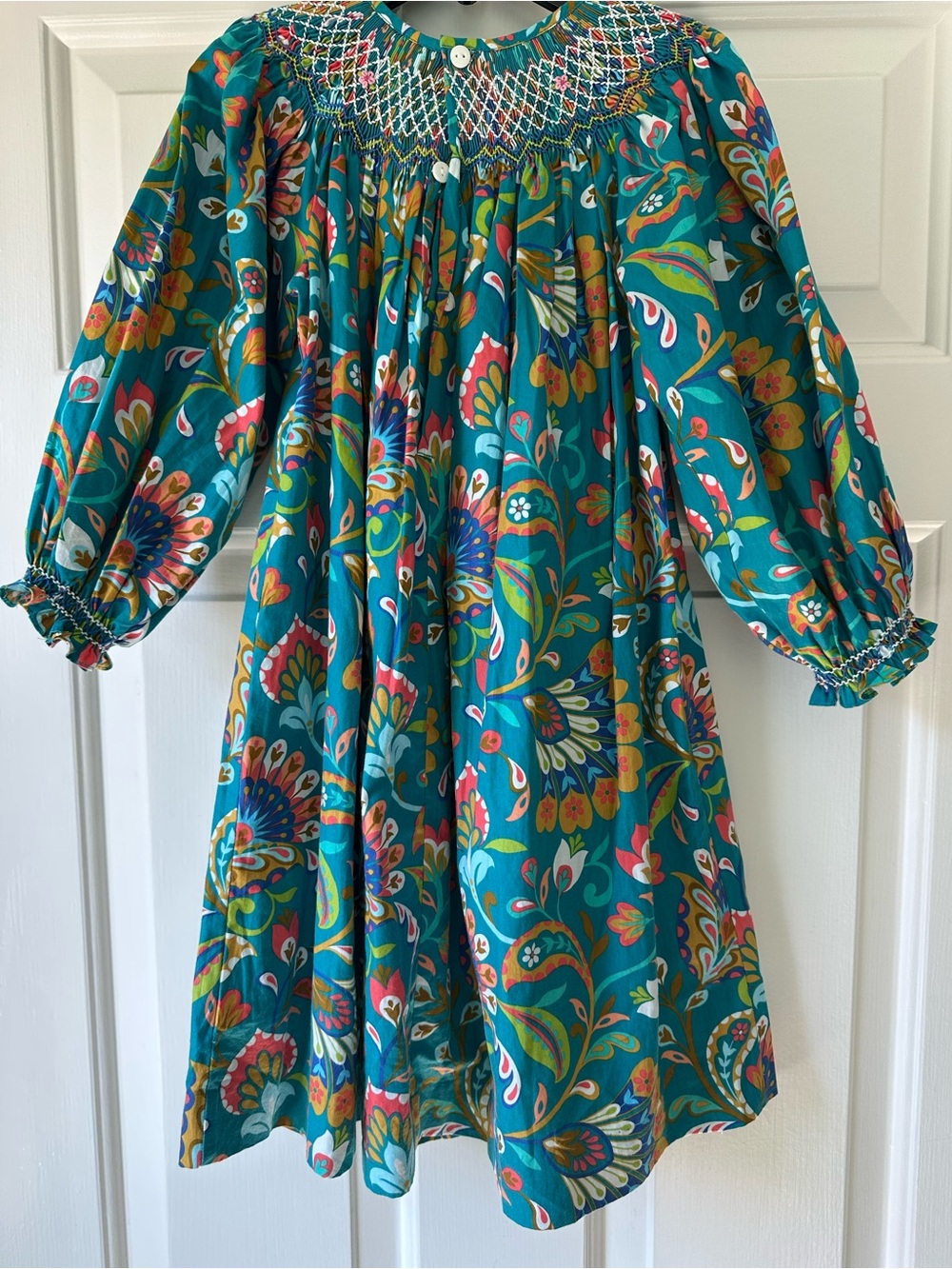 Smocked Teal Floral Long-Sleeve Girls' Party Dress